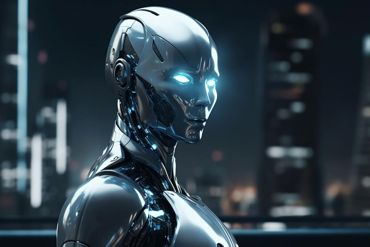 futuristic-cyborg-with-robotic-arm-stands-illuminated-night-generated-by-ai