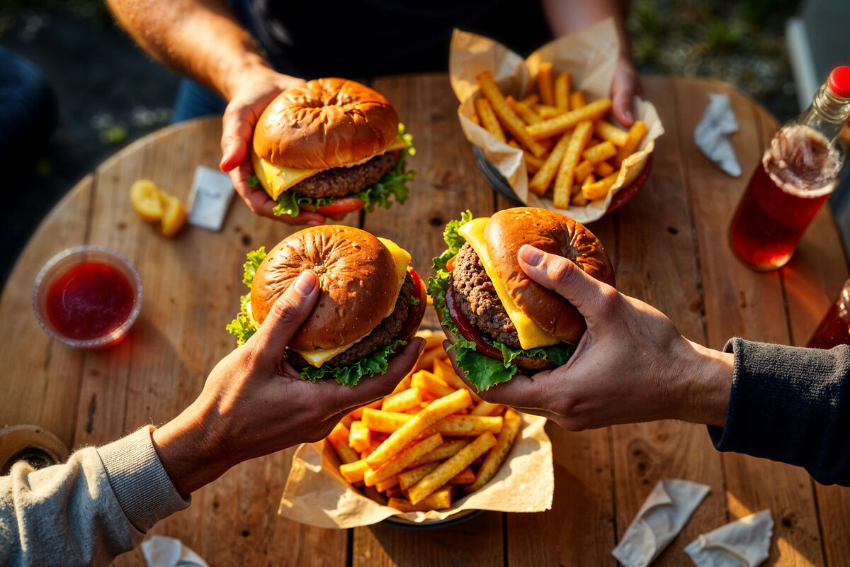 friends-enjoying-burgers-fries-picnic