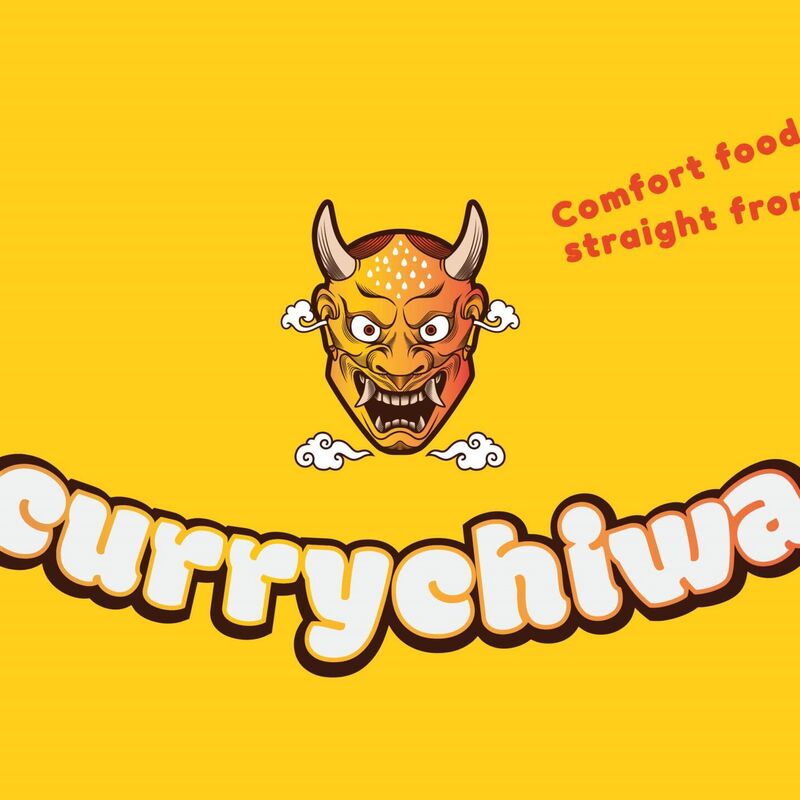 Currychiwa en hangry mask en comfort food in geel
