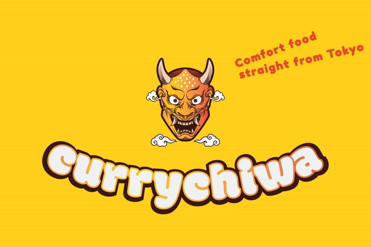 Currychiwa en hangry mask en comfort food in geel