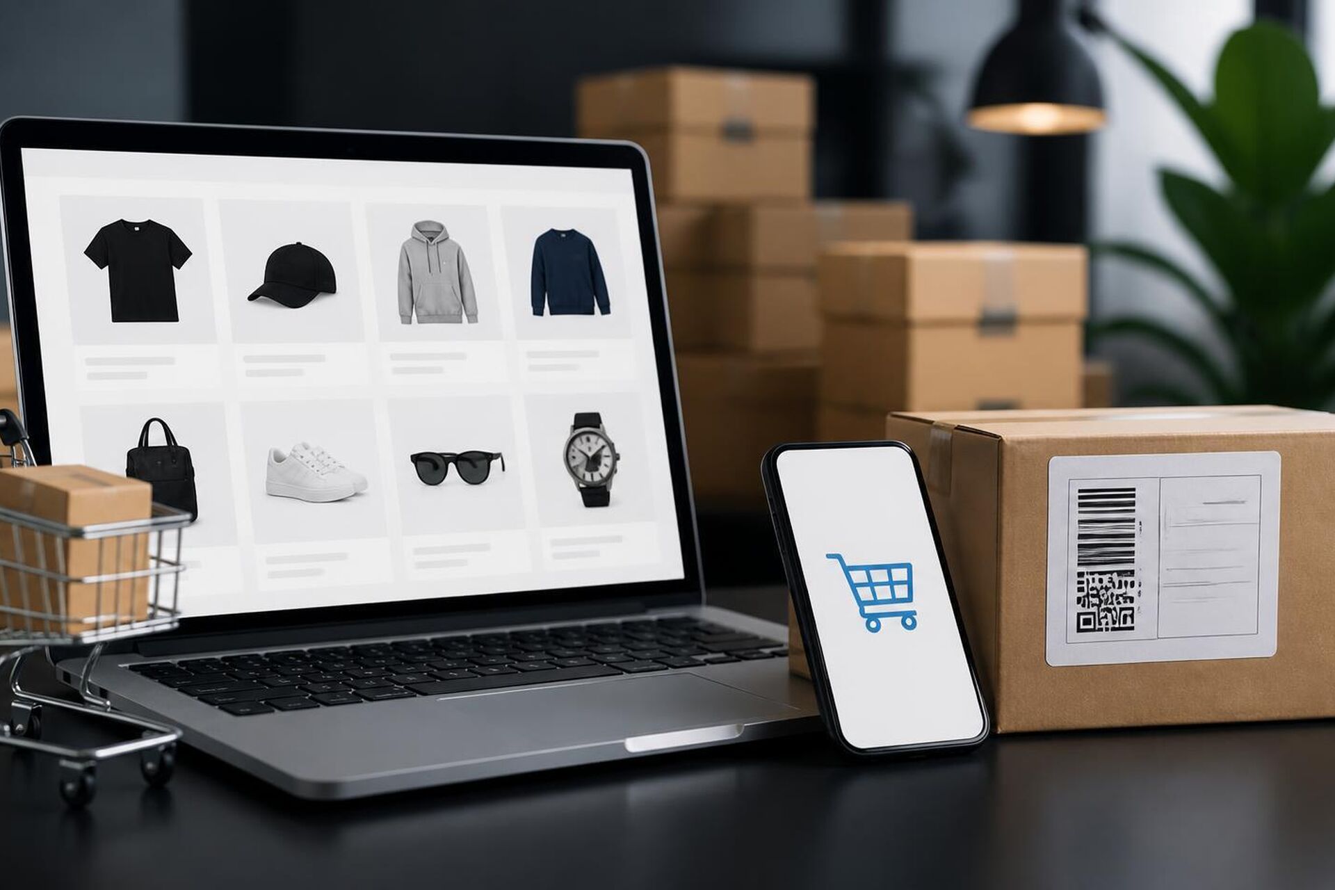 Een moderne, professionele advertentie-afbeelding die dropshipping en e-commerce uitstraalt_ een laptop met een online winkelinterface, verzenddozen, een pakketlabel, een smartphone met winkelwagen-icoon,